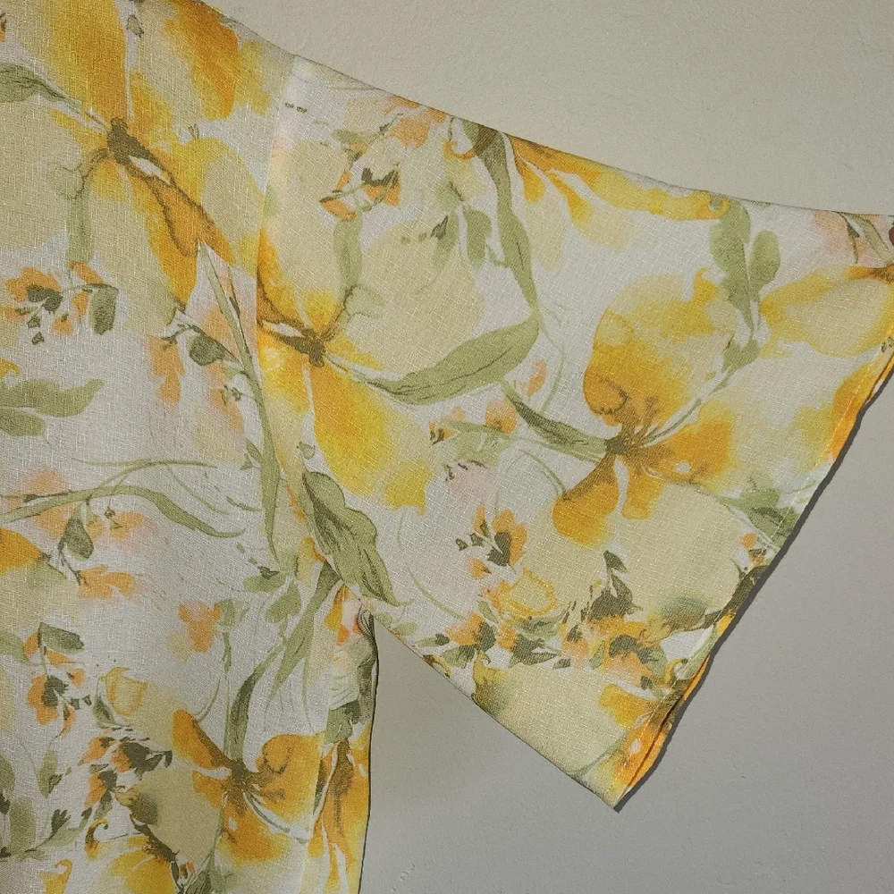 C By One, Floral Yellow and Green, Tie Front 3/4 Sleeve Blouse. SKU C05 - Picture 4 of 9